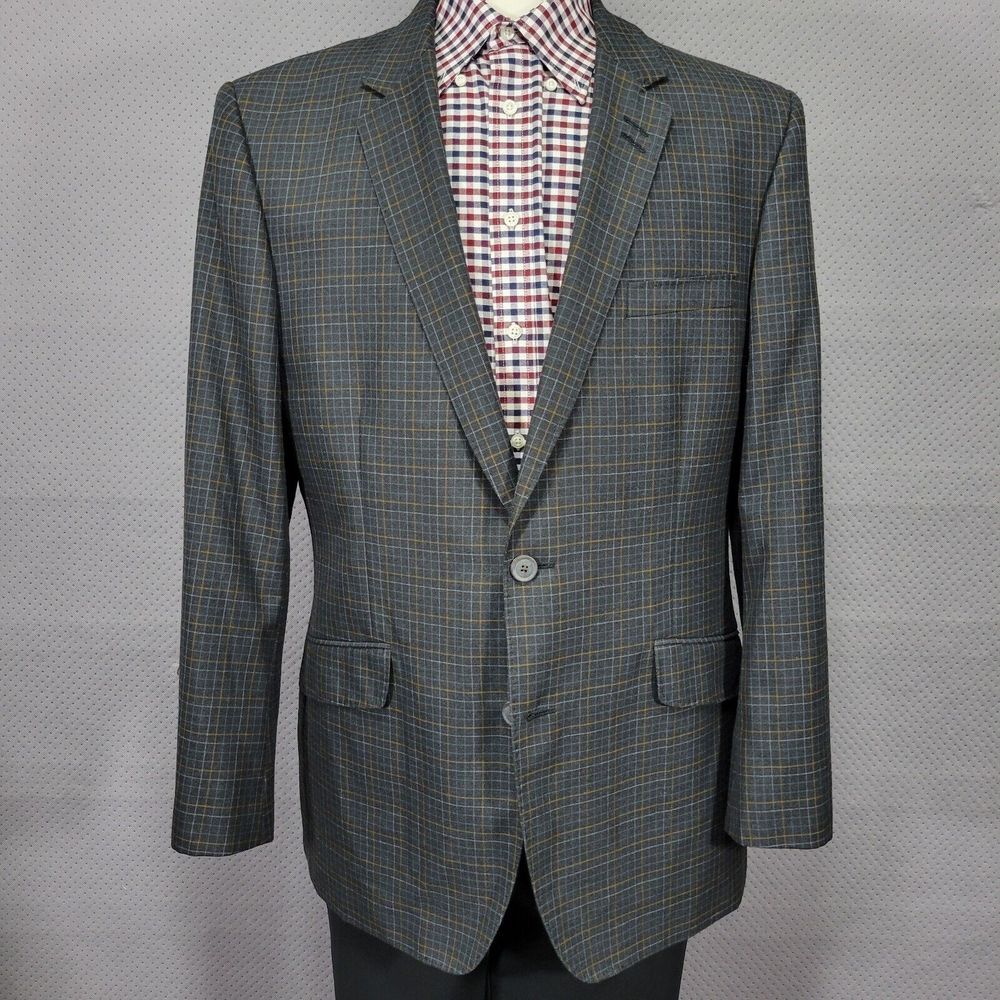 Haggar Men's Sport Coat Blazer‎ Two Button Gray Checked Polyester Size 44R